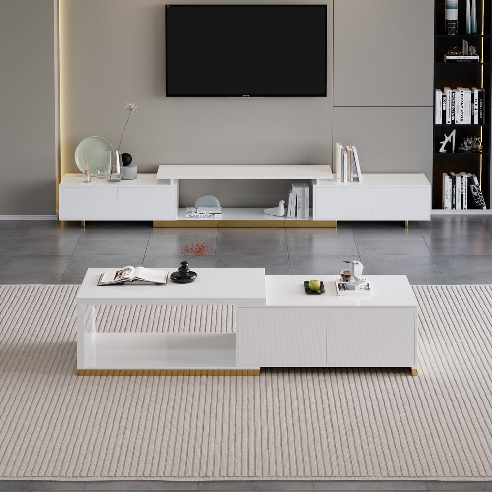 Meuble TV extensible blanc, ambiance salon