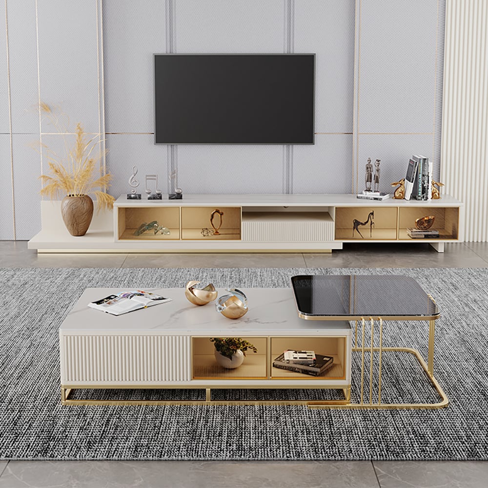 Meuble TV kaki clair, portes vitrées