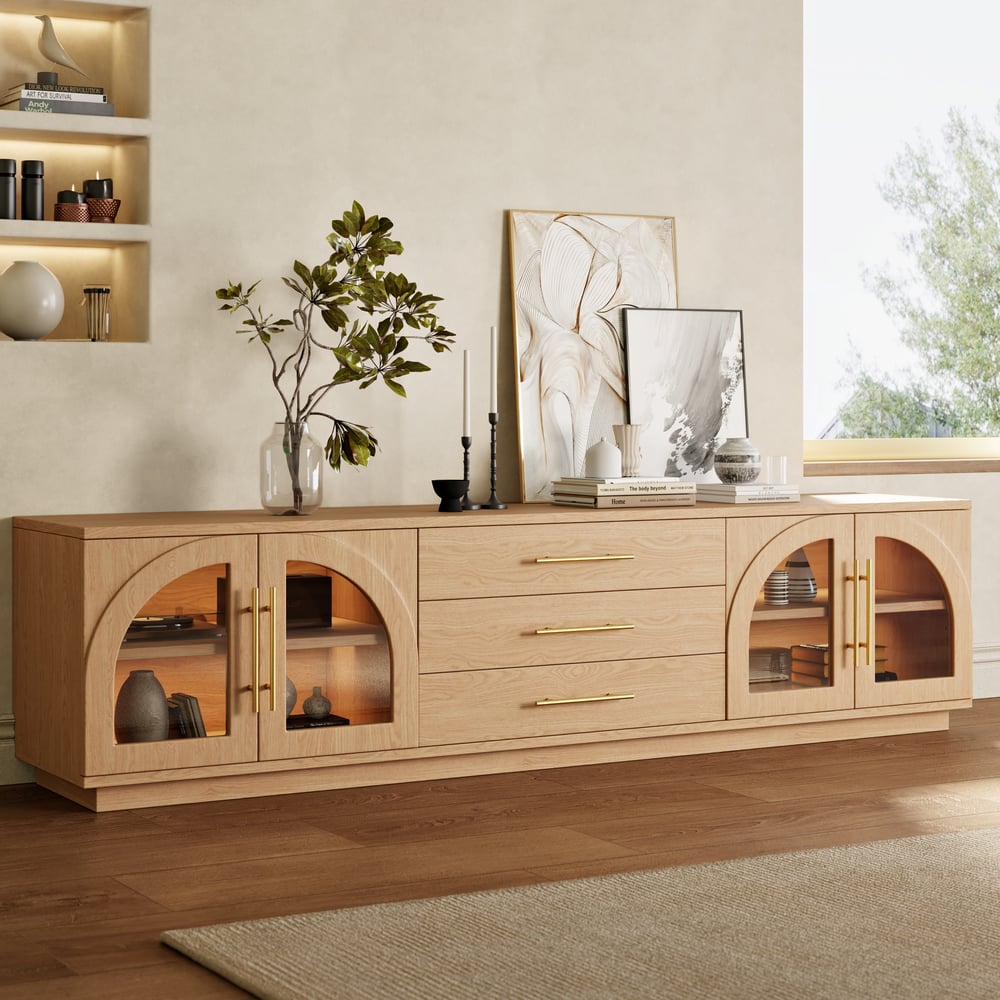 Meuble TV Arune naturel à portes cintrées en verre