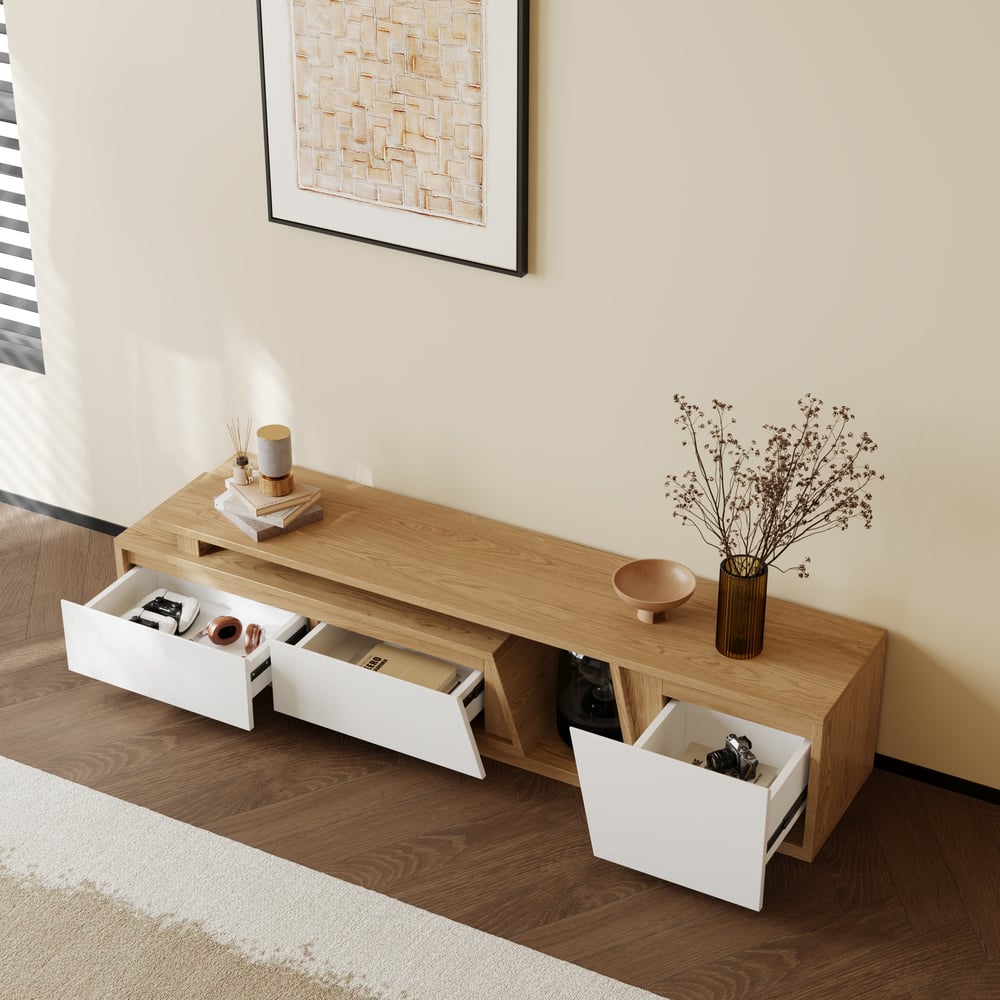 Meuble TV Fero naturel, tiroirs ouverts