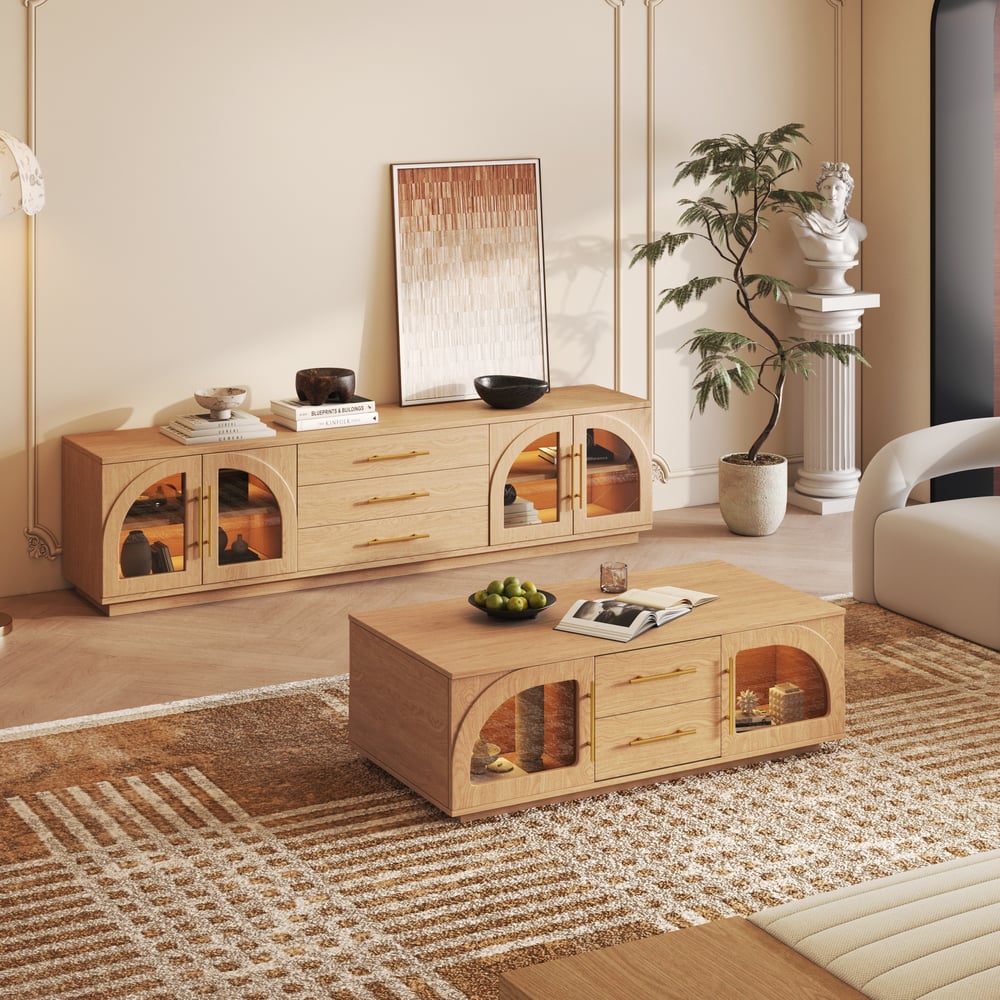 Meuble TV Arune naturel, portes ouvertes