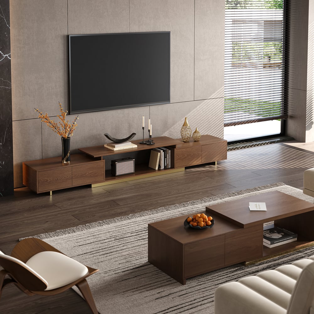 Meuble TV extensible en noyer, ambiance salon