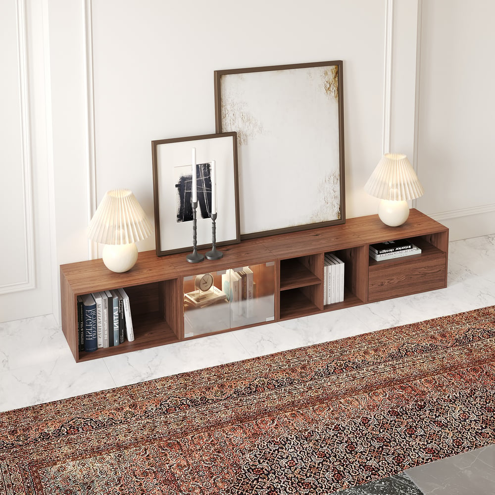 Meuble TV modulable en noyer, rangement ouvert