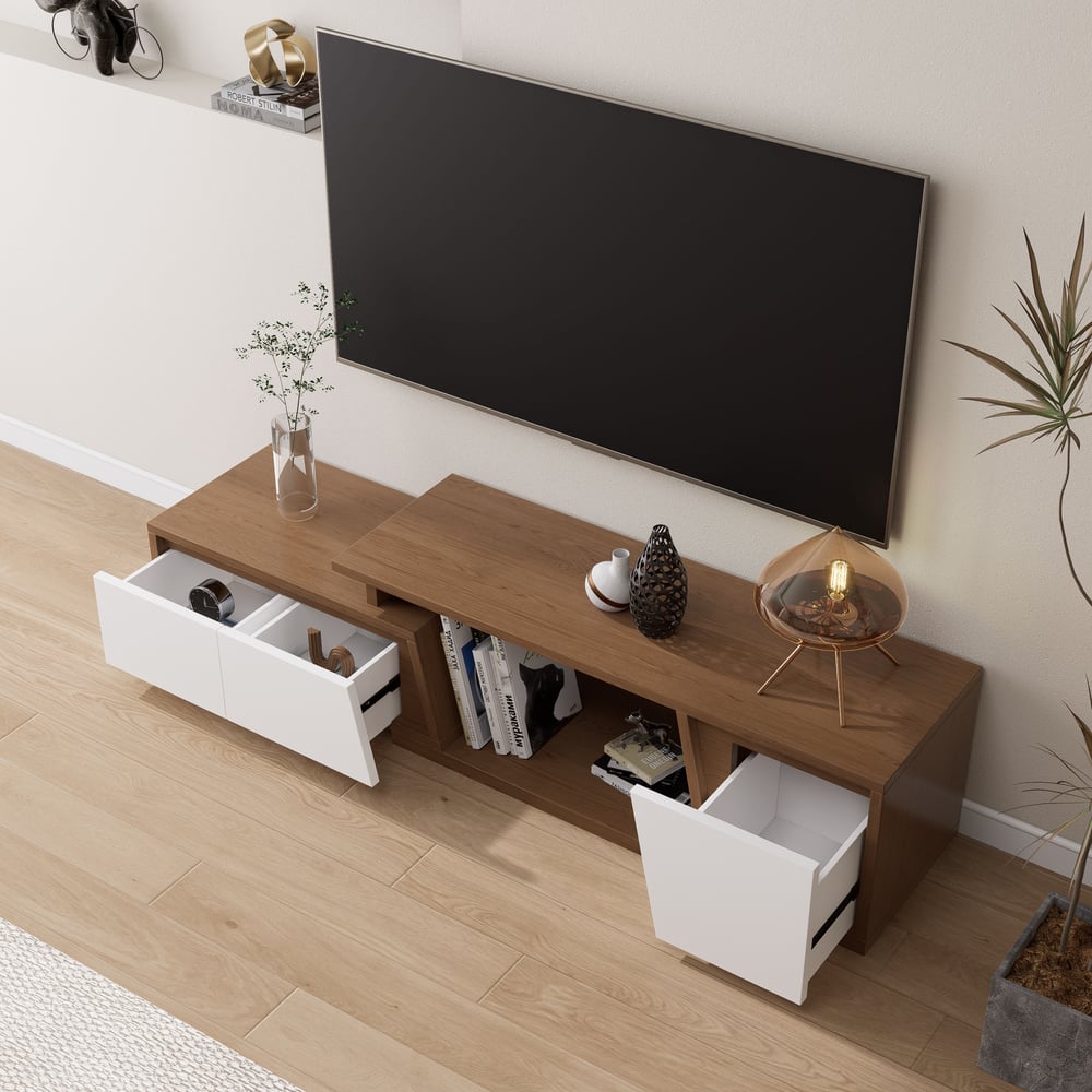 Meuble TV Fero blanc et noyer, tiroirs ouverts