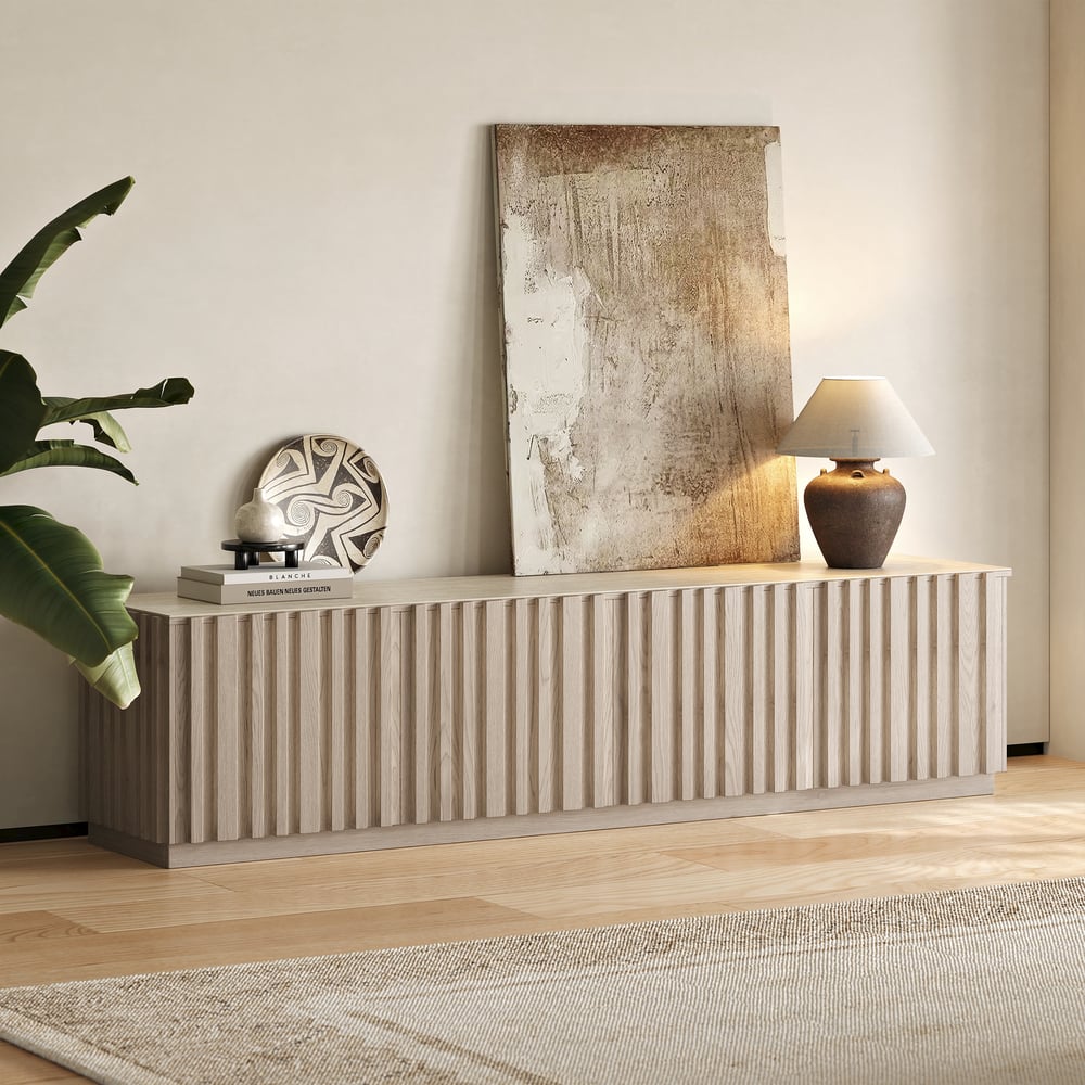 Meuble TV Aura blanchi, détail cannelures
