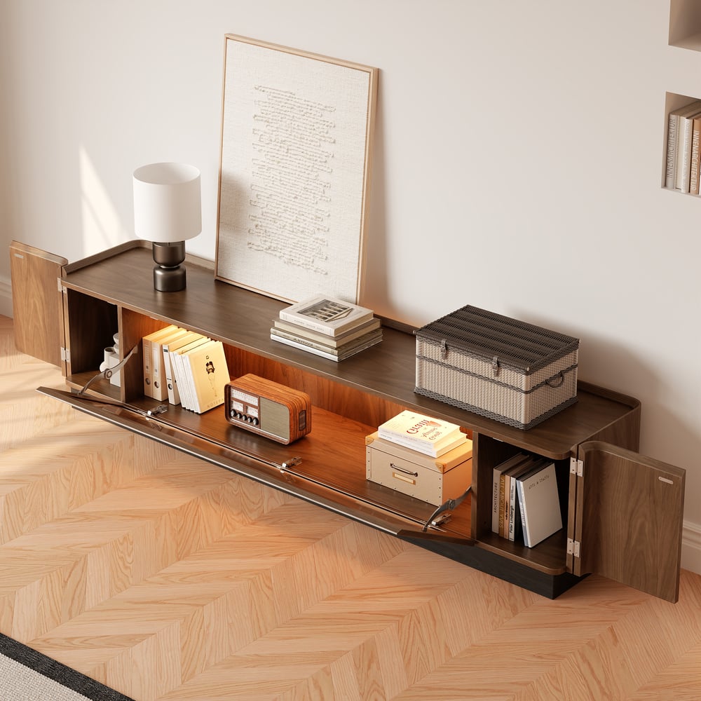 Meuble TV noyer, porte vitrée ouverte