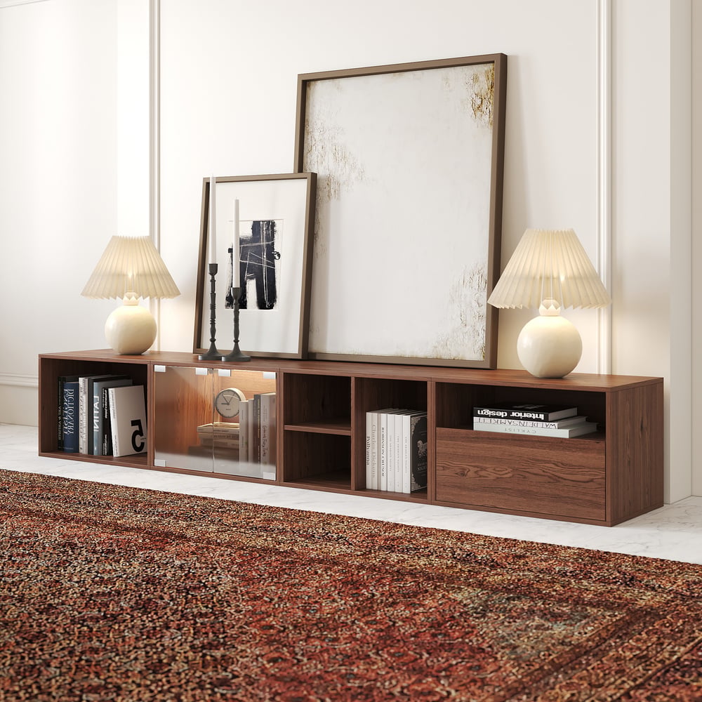 Meuble TV modulable en noyer, ambiance salon