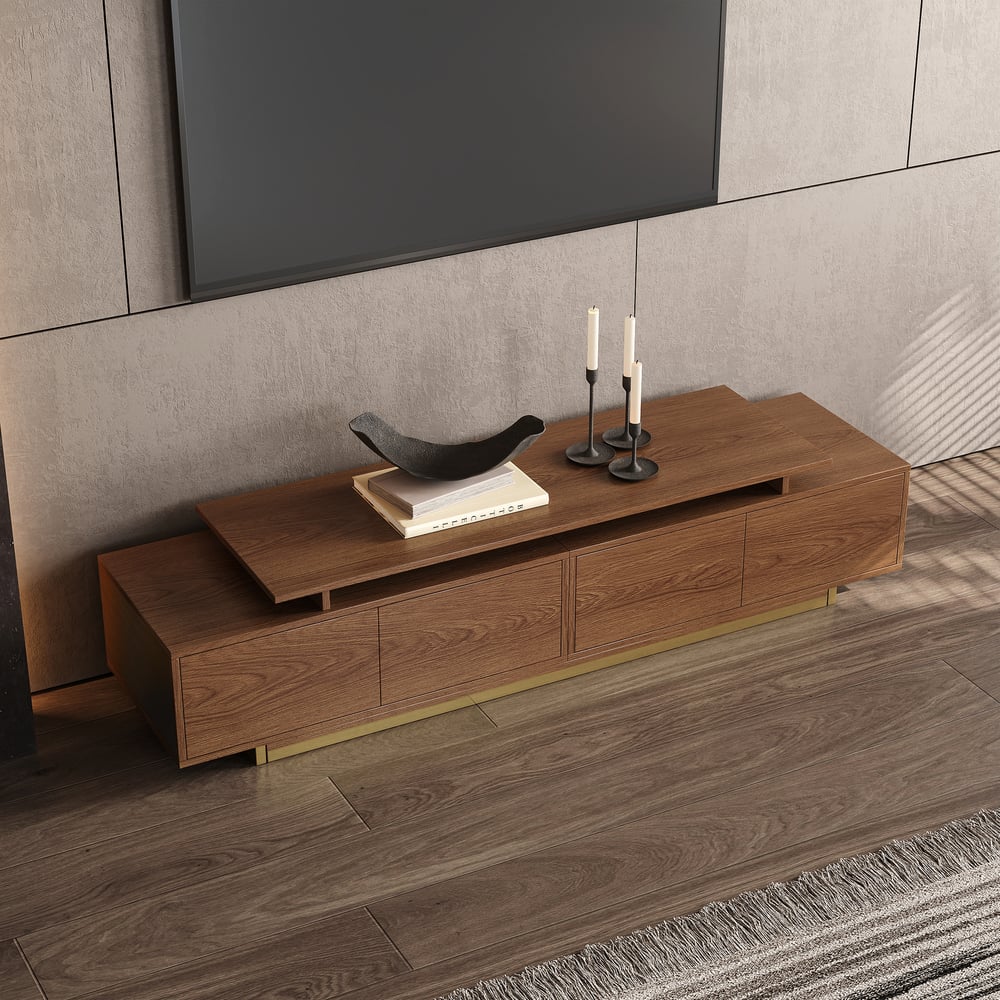 Meuble TV extensible en noyer, rangement intérieur