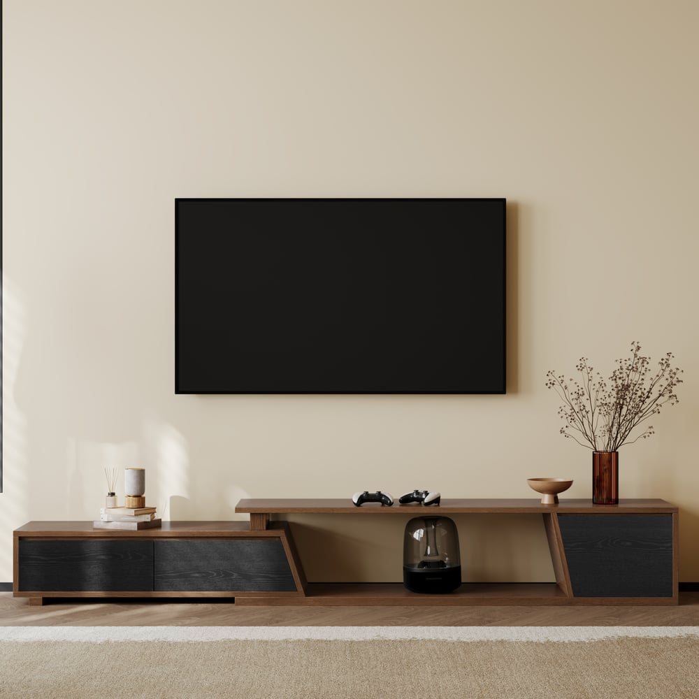 Meuble TV Fero noir et noyer, configuration étendue