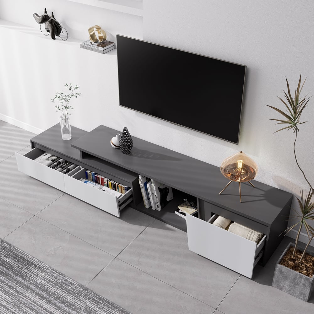 Meuble TV Fero gris, tiroirs ouverts