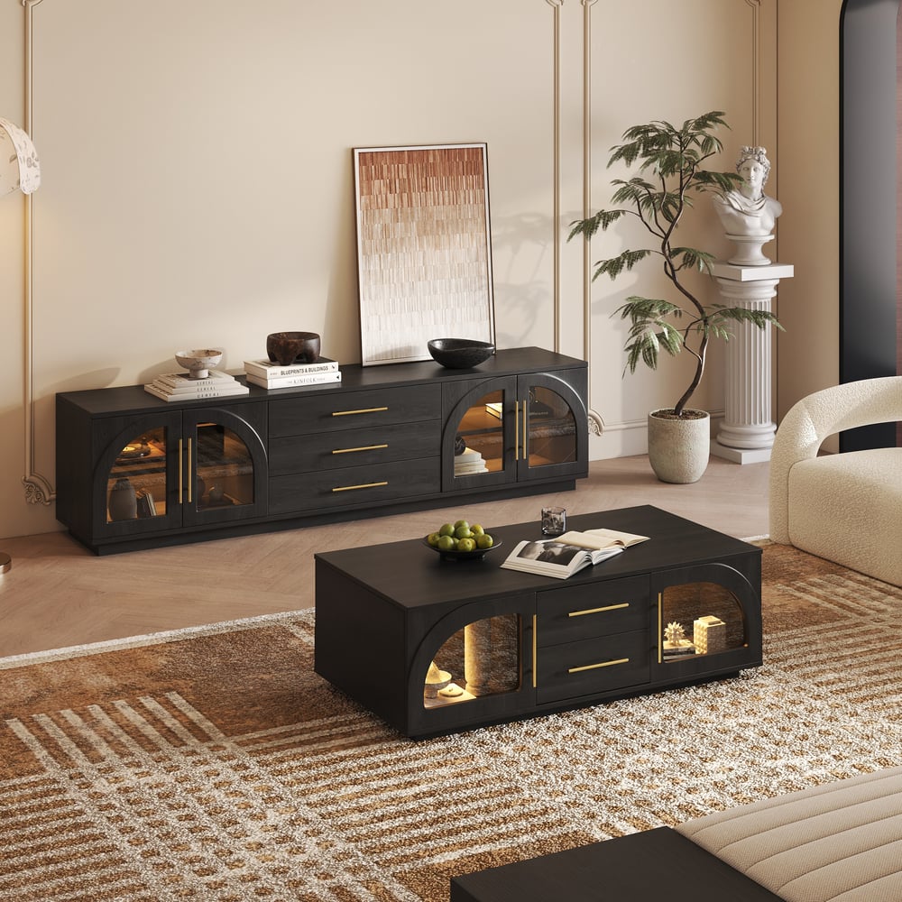 Meuble TV Arune noir, portes ouvertes