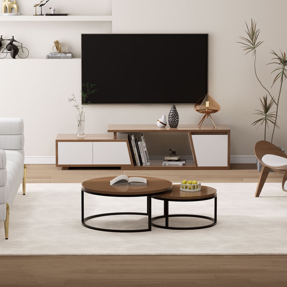 Meuble TV Fero blanc et noyer, configuration étendue