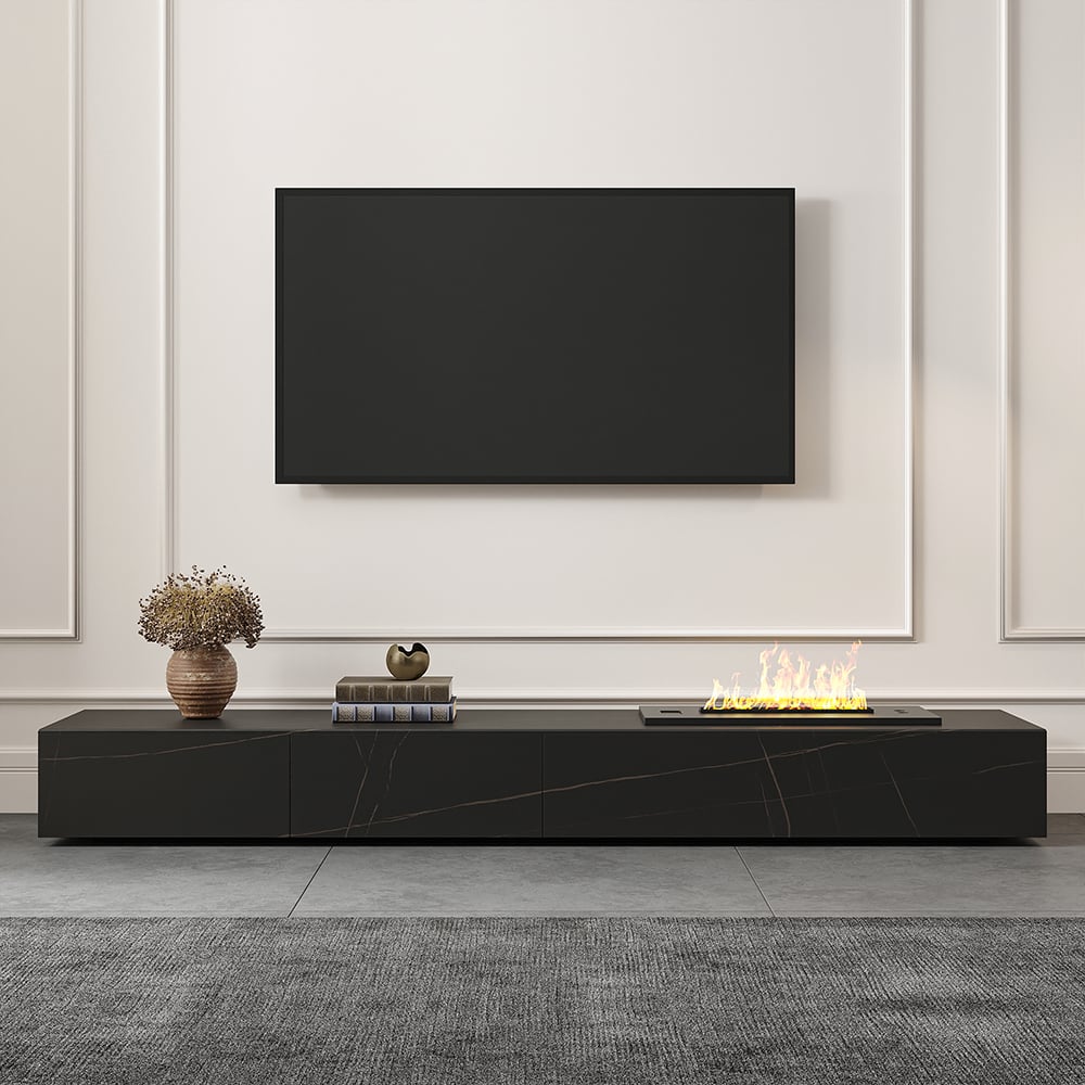 Meuble TV cheminée, flammes allumées