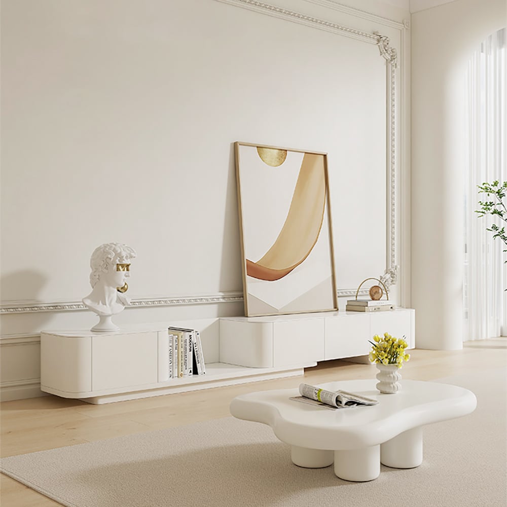 Meuble TV extensible blanc cassé avec 4 tiroirs