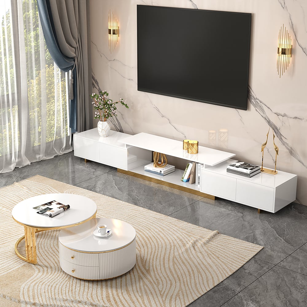 Meuble TV extensible blanc, rangement intérieur
