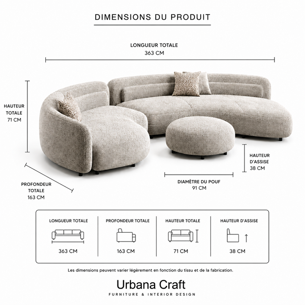 Halo Curve Sofa Sakeena, fiche dimensions