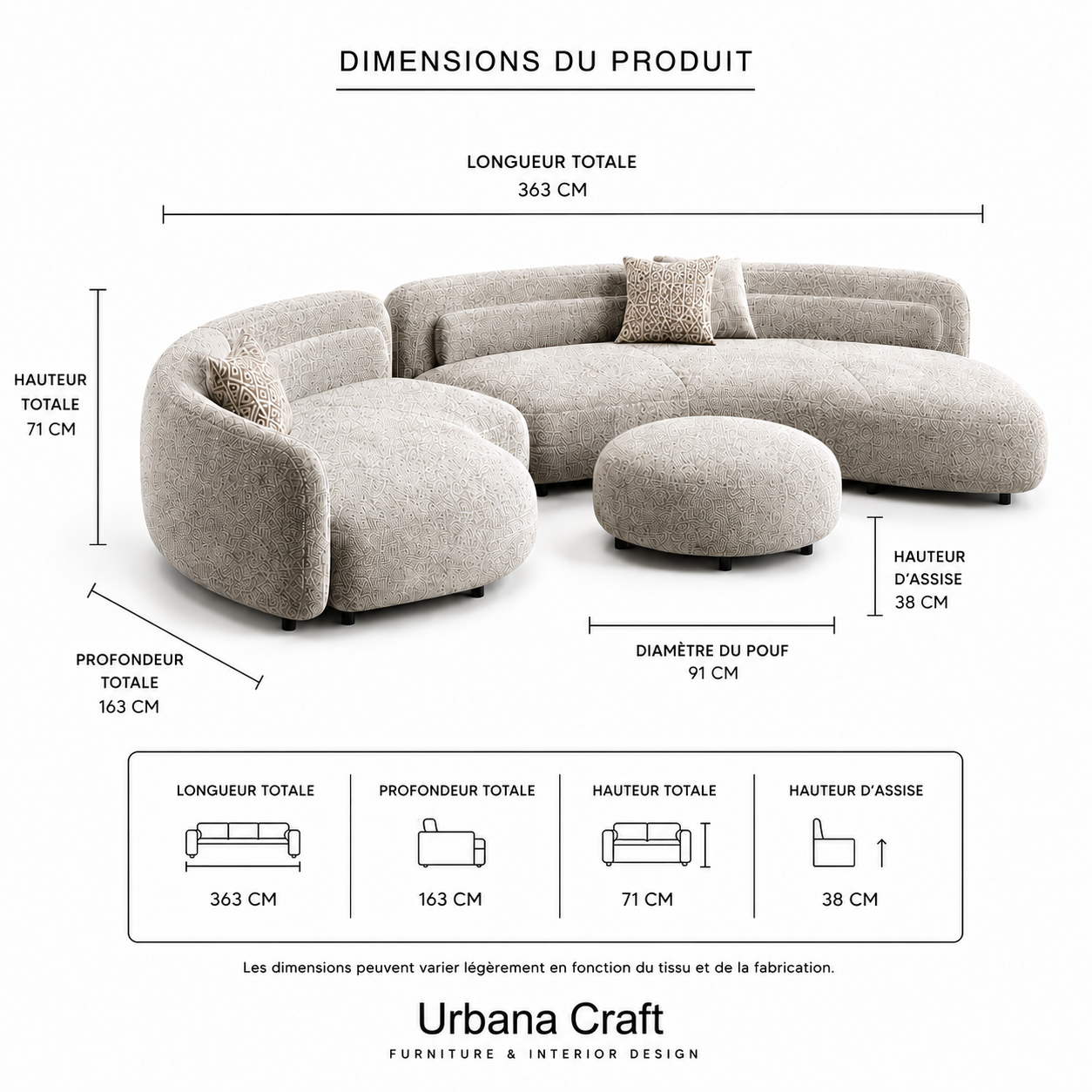 Halo Curve Sofa Sakeena, fiche dimensions
