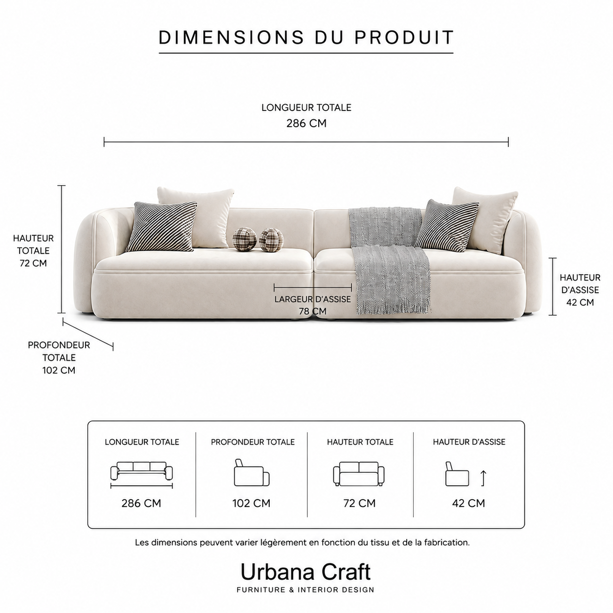 Sculpted Form Sofa Sakeena, fiche dimensions