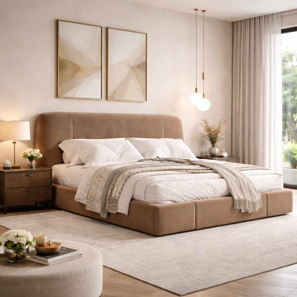 Velora Crest Bed Sakeena dans une chambre contemporaine
